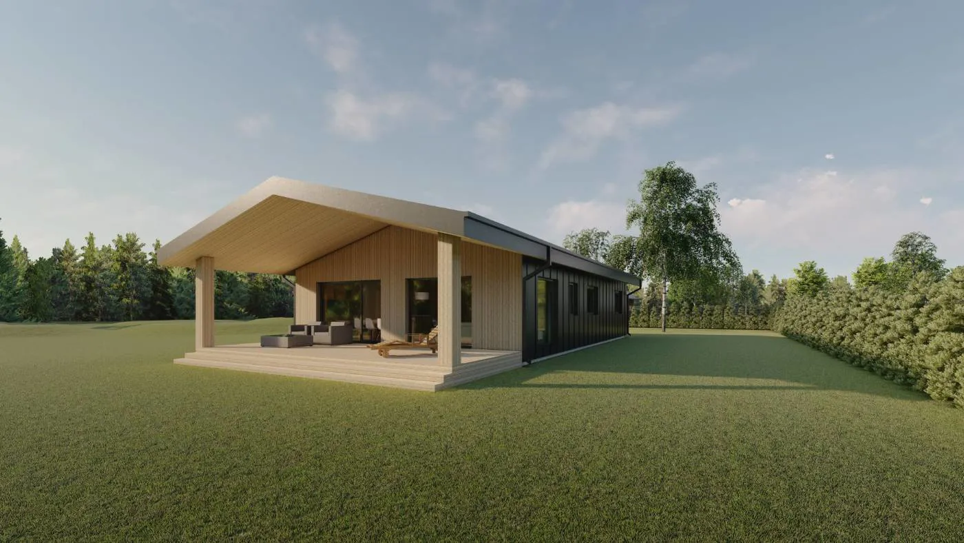 Savrupmājas projekts Ķekavas novadā — segta koka terase ar atpūtas zonu