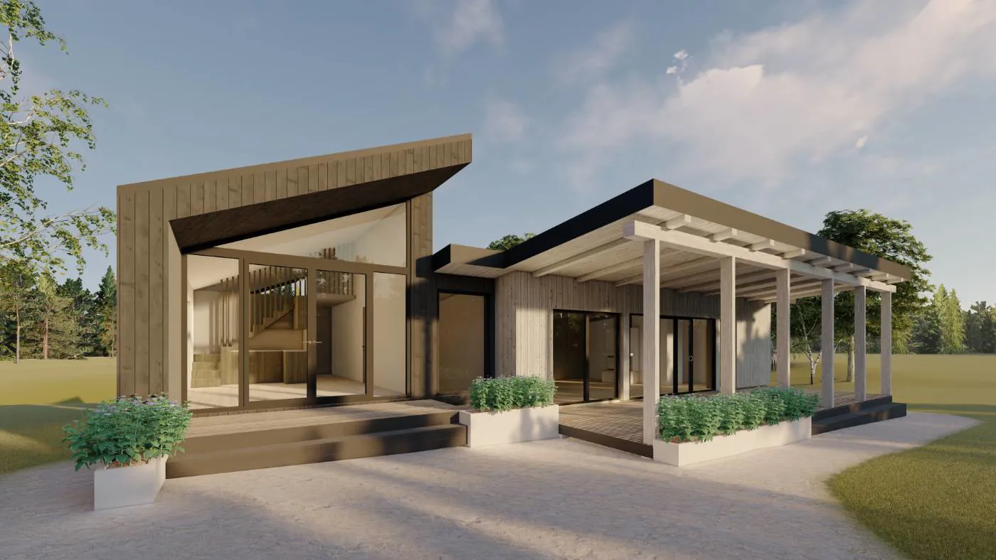 Pirts pārbūves projekts ar dzīvojamo piebūvi — koka apdare un pergola